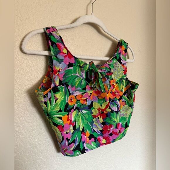 Vintage 80s Tropical Bright Crop Top Sz Small Cotton Pineapple Tie Front - Picture 1 of 4